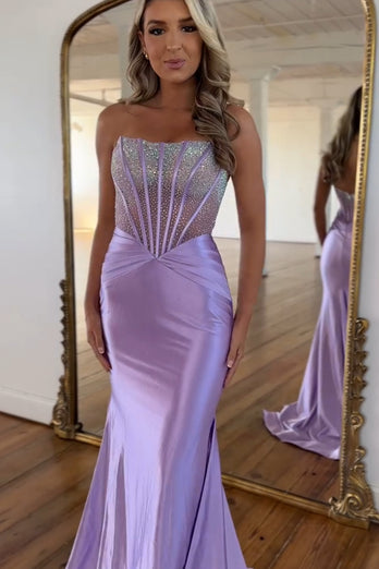 Sparkly Lilac Strapless Mermaid Corset Long Prom Dress