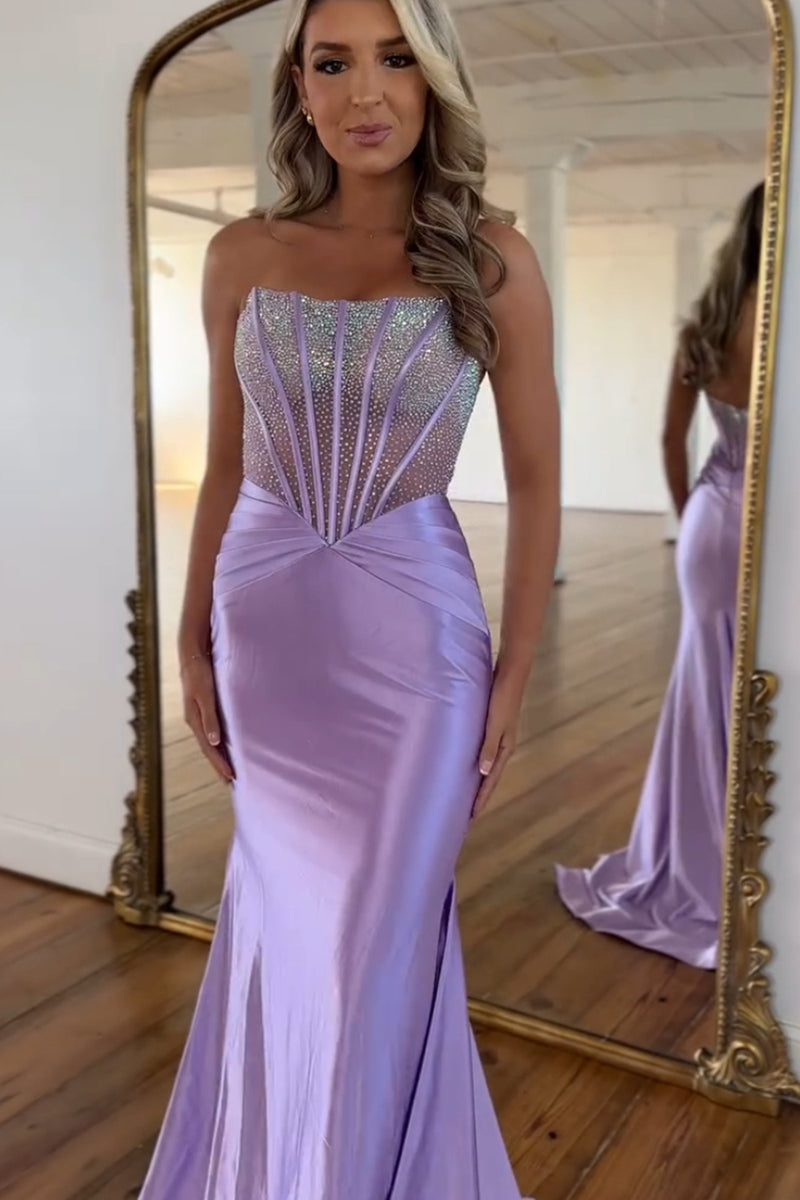 Load image into Gallery viewer, Sparkly Lilac Strapless Mermaid Corset Long Prom Dress