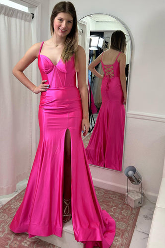 Fuchsia Mermaid Corset Long Satin Prom Dress with Slit