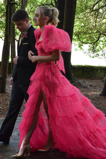 Sparkly Black 2 Pieces Puff Sleeves Long Prom Dress