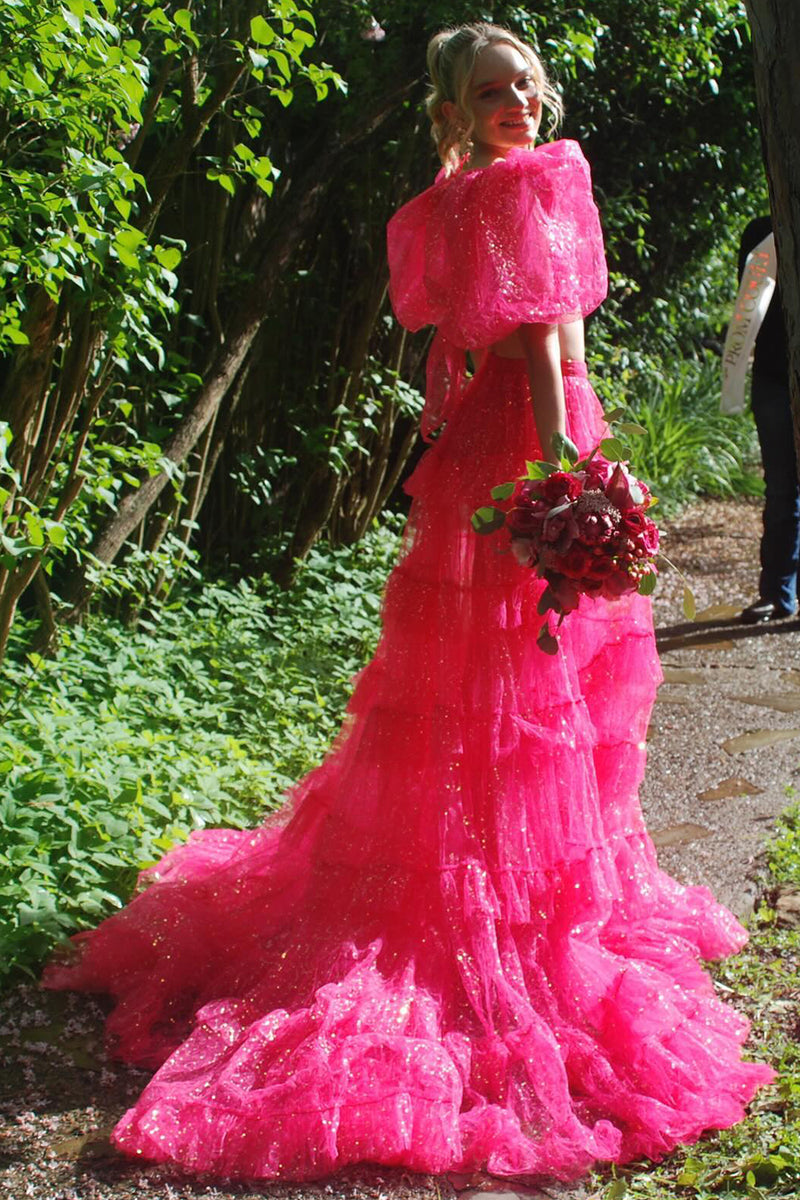 Load image into Gallery viewer, Sparkly Black 2 Pieces Puff Sleeves Long Prom Dress