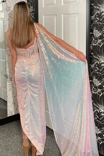 Sparkly Light Pink Corset One Shoulder Long Prom Dress