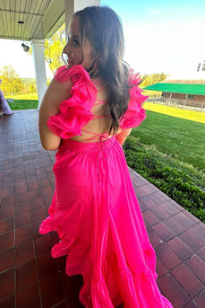 Fuchsia A-Line Lace Up Long Prom Dress with Ruffles