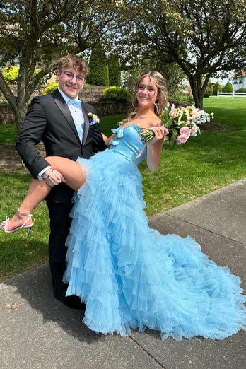 Sparkly Light Blue Tiered Long Prom Dress with Slit