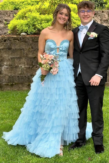 Sparkly Light Blue Tiered Long Prom Dress with Slit