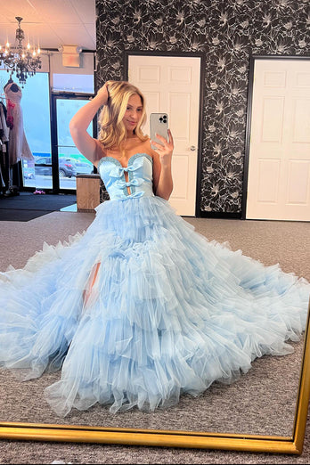 Sparkly Light Blue Tiered Long Prom Dress with Slit