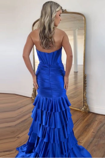 Mermaid Royal Blue Sweetheart Corset Satin Ruffled Prom Dress with Slit