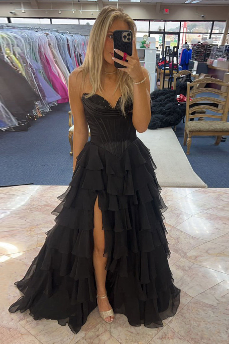 Load image into Gallery viewer, Black Strapless Corset Tiered Long Prom Dress with Slit