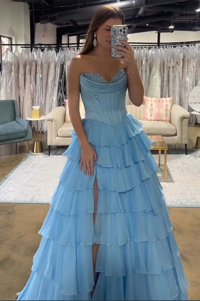 A Line Blue Strapless Corset Tiered Chiffon Long Prom Dress