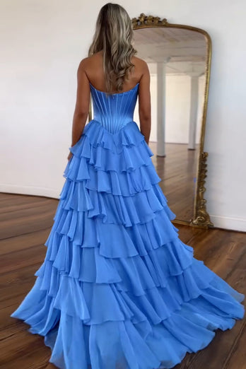 A Line Blue Strapless Corset Tiered Chiffon Long Prom Dress