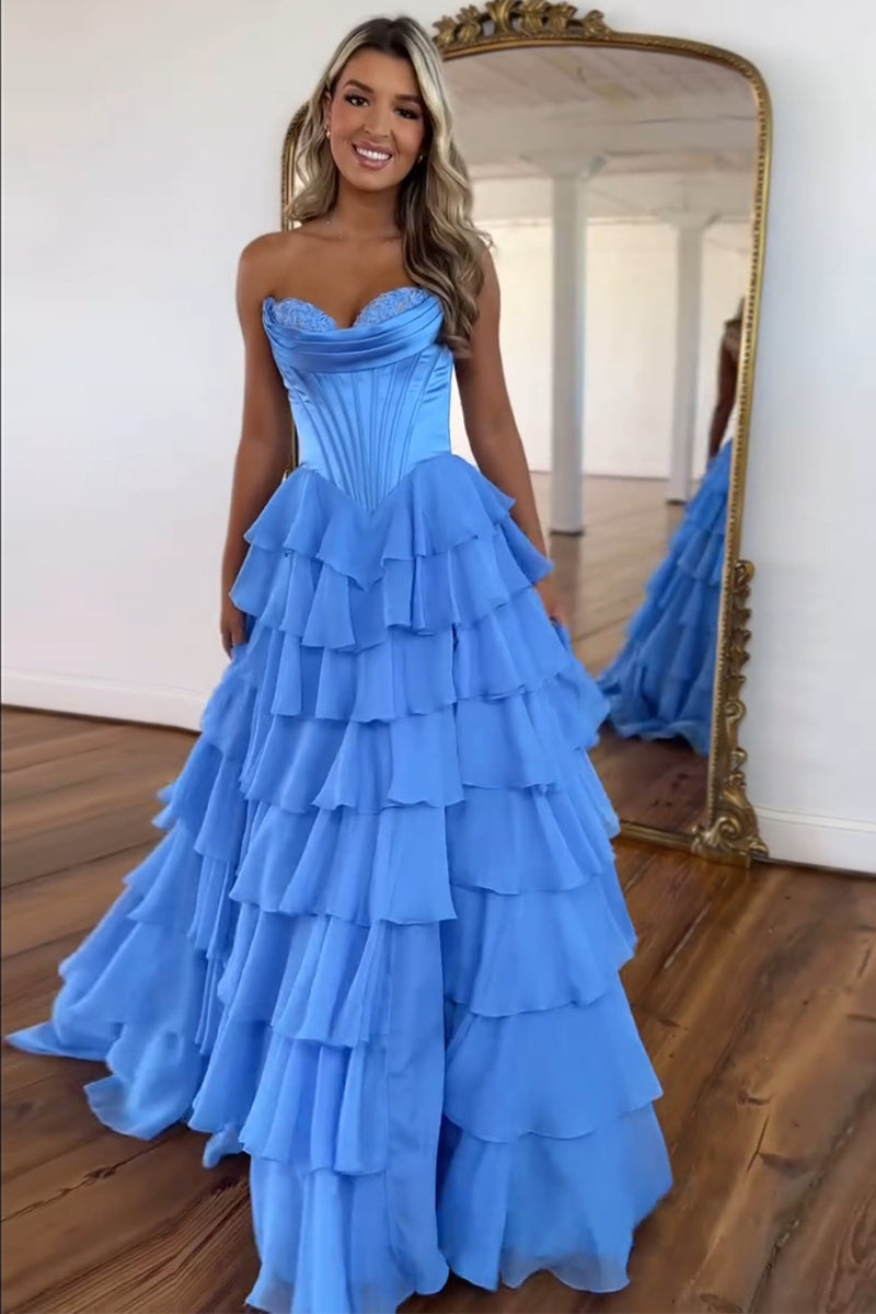 Load image into Gallery viewer, A Line Blue Strapless Corset Tiered Chiffon Long Prom Dress