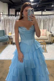 A Line Blue Strapless Corset Tiered Chiffon Long Prom Dress