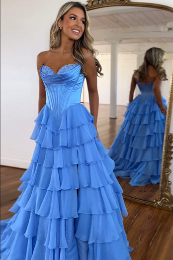 A Line Blue Strapless Corset Tiered Chiffon Long Prom Dress