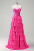 Load image into Gallery viewer, Fuchsia A Line Corset Sweetheart Long Chiffon Prom Dress with Slit