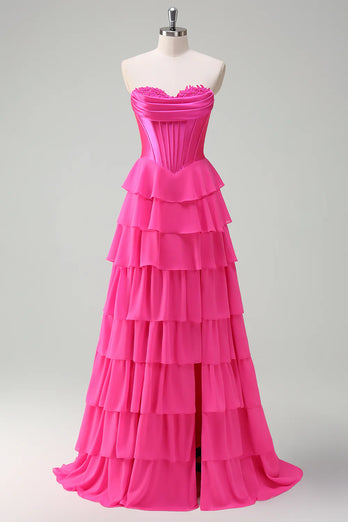 Fuchsia A Line Corset Sweetheart Long Chiffon Prom Dress with Slit