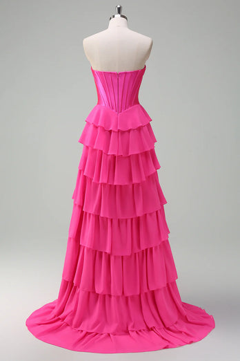 Fuchsia A Line Corset Sweetheart Long Chiffon Prom Dress with Slit