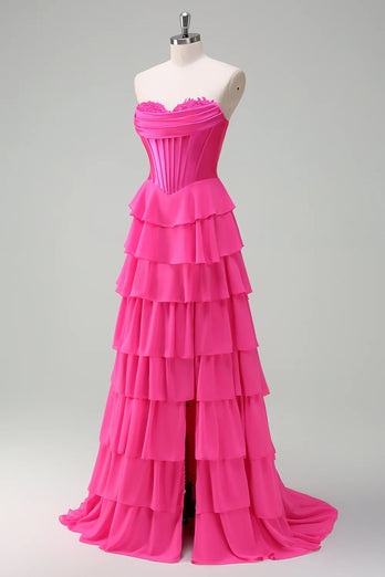 Fuchsia A Line Corset Sweetheart Long Chiffon Prom Dress with Slit