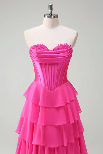 Fuchsia A Line Corset Sweetheart Long Chiffon Prom Dress with Slit