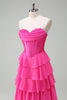 Load image into Gallery viewer, Fuchsia A Line Corset Sweetheart Long Chiffon Prom Dress with Slit