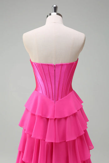 Fuchsia A Line Corset Sweetheart Long Chiffon Prom Dress with Slit