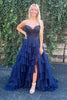 Load image into Gallery viewer, A Line Blue Strapless Corset Tiered Chiffon Long Prom Dress