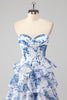 Load image into Gallery viewer, White Blue Swwetheart Flower Corset A Line Tiered Long Prom Dress