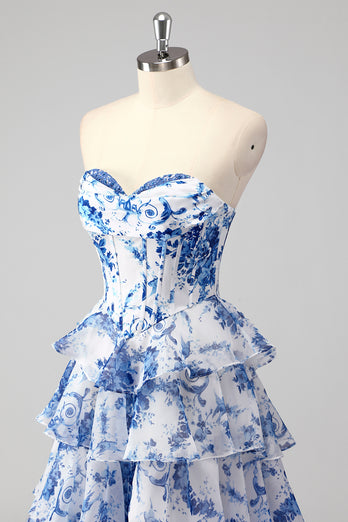 White Blue Sweetheart Flower Corset A Line Tiered Long Prom Dress