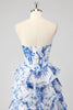 Load image into Gallery viewer, White Blue Sweetheart Flower Corset A Line Tiered Long Prom Dress