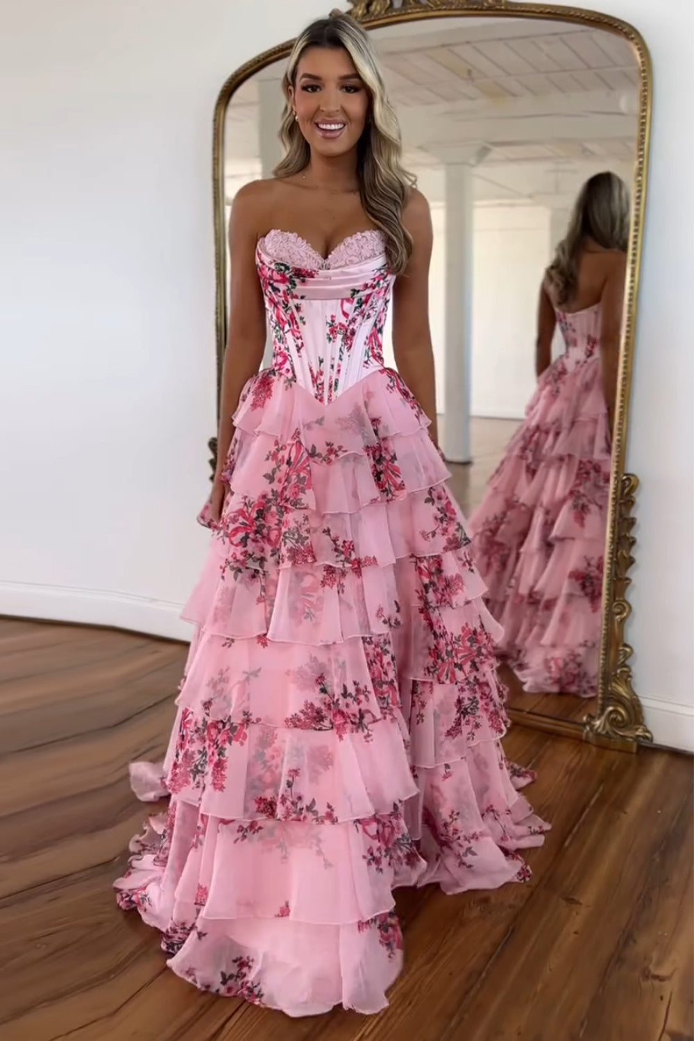 Blush A Line Sweetheart Corset Tiered Long Prom Dress with Printed Flower