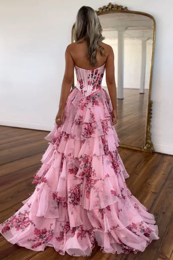 Blush A Line Sweetheart Corset Tiered Long Prom Dress with Printed Flower