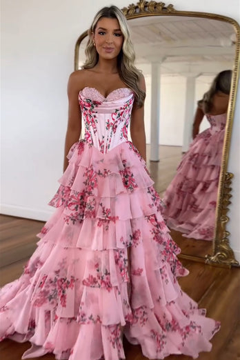 Blush A Line Sweetheart Corset Tiered Long Prom Dress with Printed Flower