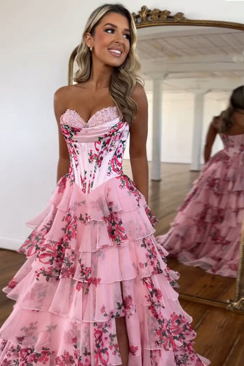 Blush A Line Sweetheart Corset Tiered Long Prom Dress with Printed Flower