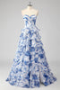 Load image into Gallery viewer, White Blue Flower Corset A Line Tiered Long Prom Dress