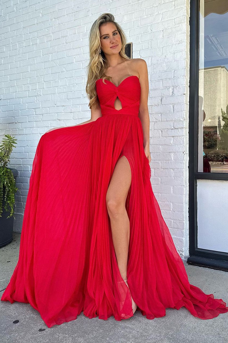 Load image into Gallery viewer, Red Pleated Sweetheart Hollow Out Sweep Train Prom Dress with Slit