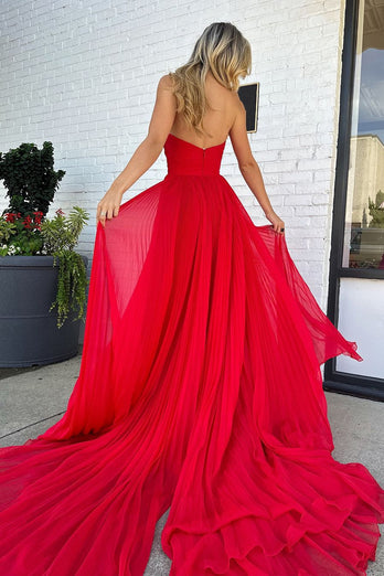 Red Pleated Sweetheart Hollow Out Sweep Train Prom Dress with Slit