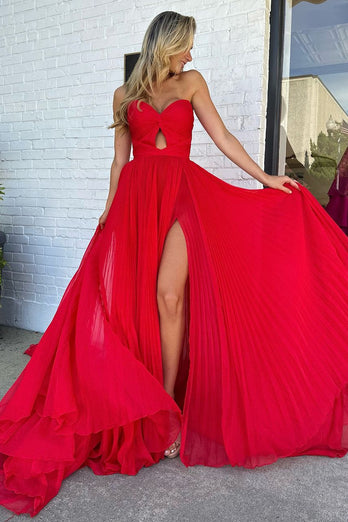 Red Pleated Sweetheart Hollow Out Sweep Train Prom Dress with Slit