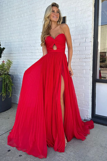 Red Pleated Sweetheart Hollow Out Sweep Train Prom Dress with Slit