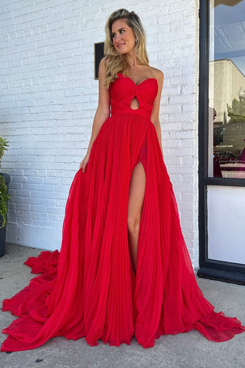 Red Pleated Sweetheart Hollow Out Sweep Train Prom Dress with Slit