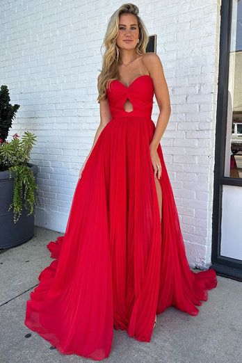 Red Pleated Sweetheart Hollow Out Sweep Train Prom Dress with Slit