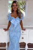 Load image into Gallery viewer, Blue Floral Mermaid Beaded Sweetheart Prom Dress with Bow