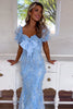 Load image into Gallery viewer, Blue Floral Mermaid Beaded Sweetheart Prom Dress with Bow