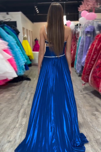 Royal Blue One Shoulder Hollow Out Pleated Sweep Train Prom Dress with Slit