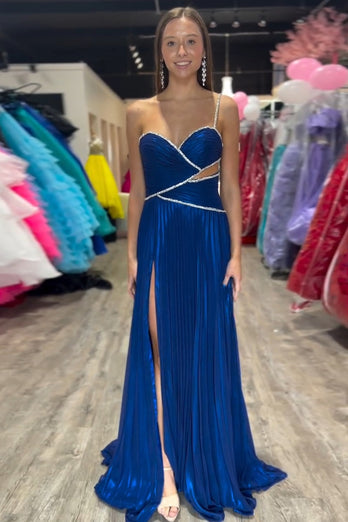 Royal Blue One Shoulder Hollow Out Pleated Sweep Train Prom Dress with Slit