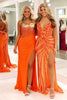 Load image into Gallery viewer, Sparkly Orange Beaded Spaghetti Straps Sweetheart Sweep Train Prom Dress with Slit