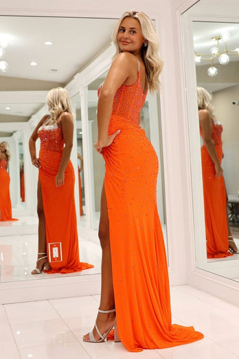 Sparkly Orange Beaded Spaghetti Straps Sweetheart Sweep Train Prom Dress with Slit