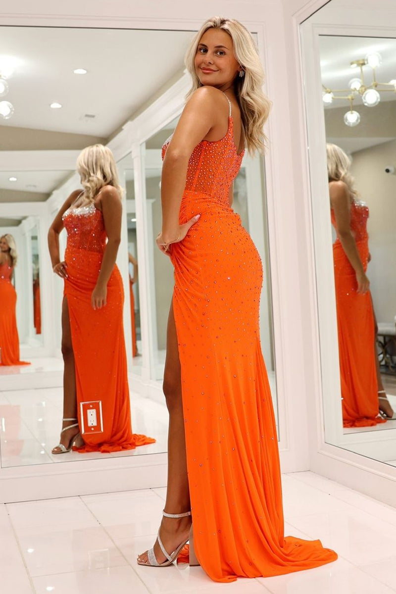 Load image into Gallery viewer, Sparkly Orange Beaded Spaghetti Straps Sweetheart Sweep Train Prom Dress with Slit