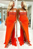 Load image into Gallery viewer, Sparkly Orange Beaded Spaghetti Straps Sweetheart Sweep Train Prom Dress with Slit