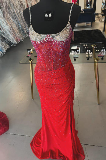 Sparkly Orange Beaded Spaghetti Straps Sweetheart Sweep Train Prom Dress with Slit