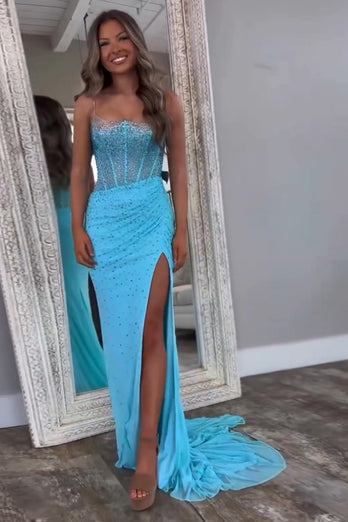 Dark Green Mermaid Spaghetti Straps Corset Long Prom Dress with Slit