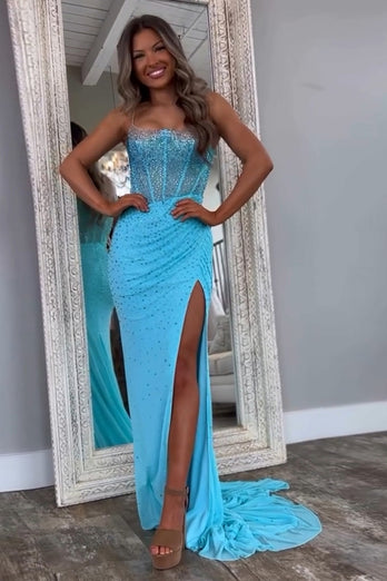 Dark Green Mermaid Spaghetti Straps Corset Long Prom Dress with Slit